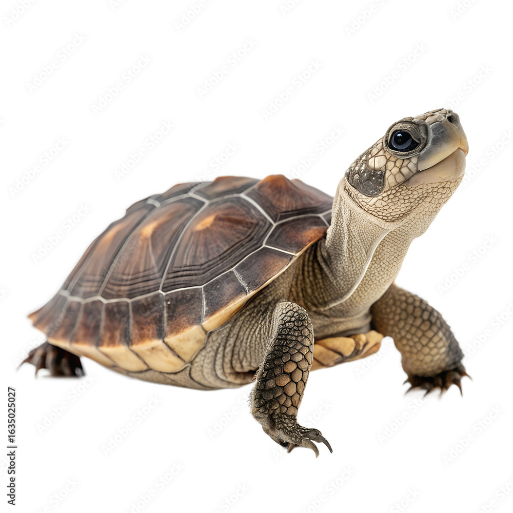 Obraz premium Close-up of a small turtle with a dark brown shell and textured skin on a black background.