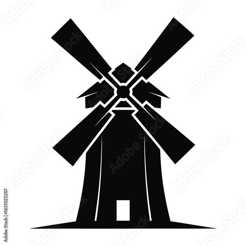 Vector art of silhouette of a traditional windmill, symbol of renewable energy and rural landscape isolated on white background