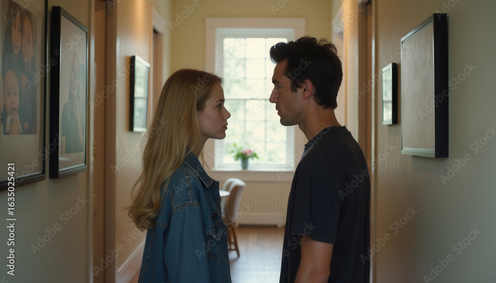 Obraz premium Young couple gazing at each other in hallway with framed photos 