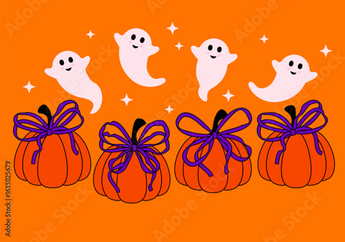 Halloween background with pumpkins and ghost. Set of halloween pumpkin. Holiday design. Trendy art style abstract autumn greeting card, poster, cover
