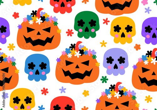  Seamless pattern with Halloween pumpkin jack-o-lantern, flowers and funny skull. Halloween background. Cute holiday texture