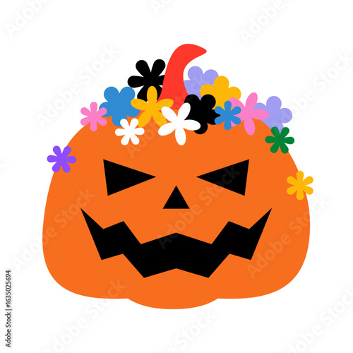 Halloween orange pumpkin floral arrangement. Laughing, happy pumpkin jack-o-lantern with flowers and funny teeth, cartoon Halloween symbol