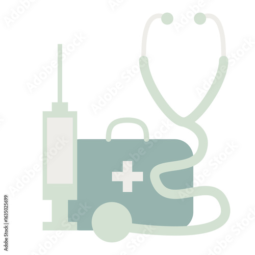 Medical service. First aid kit with stethoscope and injection ove. Vector illustration
