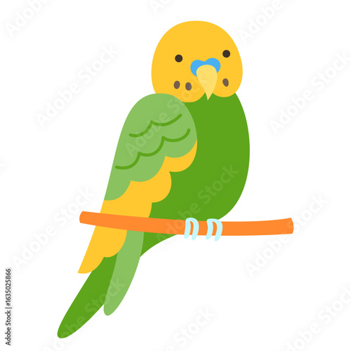 Parrot tropical cartoon illustration. Exotic bright budgerigar green parrot childish trendy art for kids, sticker card, poster cover. Wildlife jungle Hawaiian cute bird funny vivid vector character