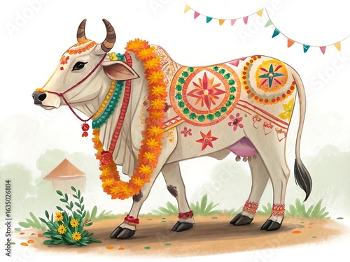 Decorated sacred cow with floral garland and festive bunting
