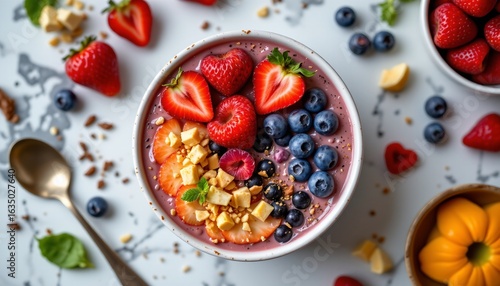 topâ€‘down flatâ€‘lay of vegan smoothie bowl with fruit