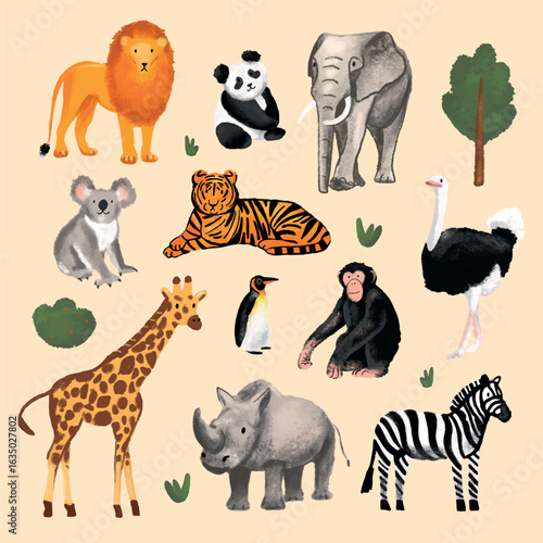 Photography Hand-drawn watercolor illustration of wild animals including lion, tiger, panda, giraffe, elephant, koala, zebra, ostrich, penguin, chimpanzee, rhinoceros, and trees