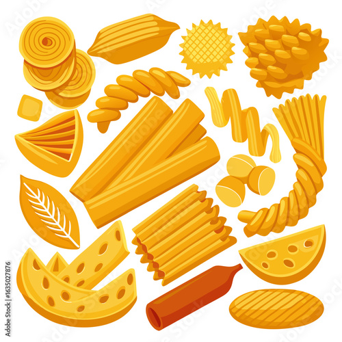 Dry Assorted Pasta Types Flat Lay Vector Illustration