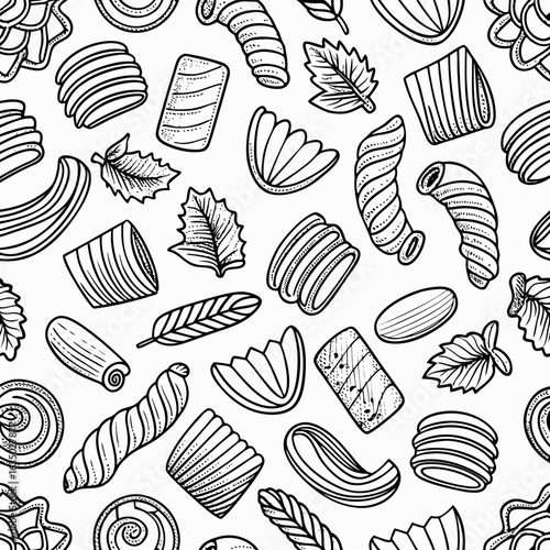 Seamless Outline Pattern of Pasta Shapes Vector Background