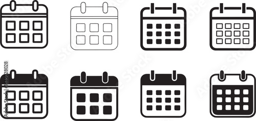 Set of black calendar icons. Schedule, date, and planner symbols for web and mobile design.