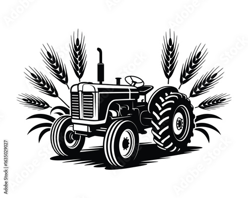 Vintage Tractor on the Farm: An iconic black and white illustration of a vintage tractor, set against a backdrop of wheat, representing the heart of agriculture and farming.