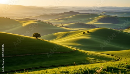 sweeping landscape of rolling hills in morning light