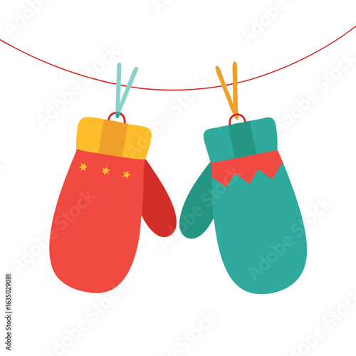 Colorful mittens hanging on a string, featuring festive designs and patterns for winter
