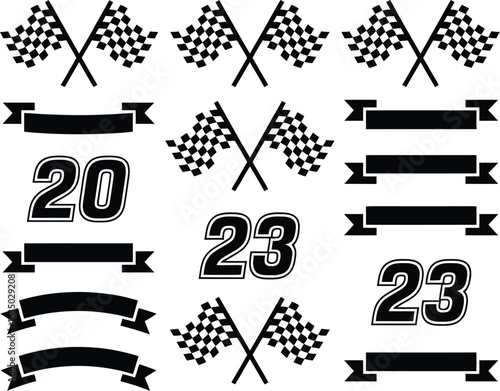 Checkered Flags and Banners: A collection of checkered flags and blank banners arranged on a solid background, the artwork exudes a sense of celebration and achievement.