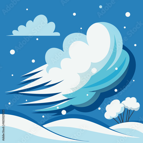 Wind blowing snow across a winter landscape, creating a serene and chilly atmosphere