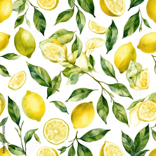 Wallpaper Mural Hand-drawn watercolor illustration vibrant seamless pattern of fresh lemons, green leaves. Botanical design features juicy citrus fruits, detailed plant branches, perfect for fabric, wallpaper, Torontodigital.ca