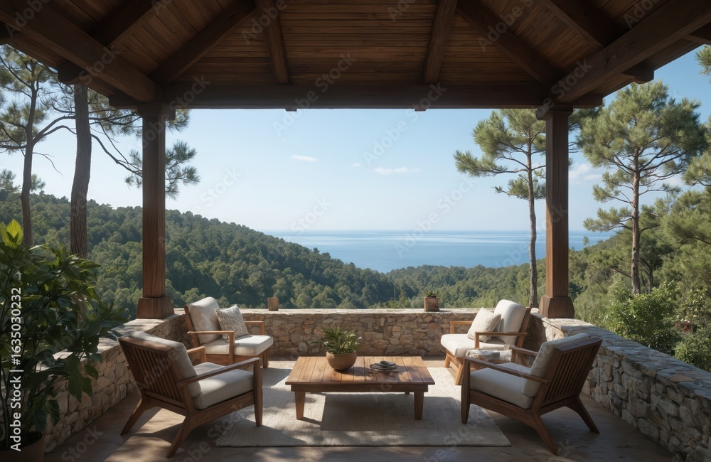 Fototapeta premium Luxury wooden terrace furniture set with cushions offers stunning sea, forest views. Enjoy comfortable seating on chairs around coffee table. Perfect for summer vacation, resort relaxation, outdoor
