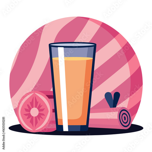 Glass of carrot juice with decorative fruit slices on a pink striped background