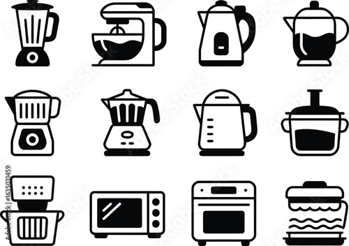 Collection of kitchen appliances icons in black and white vector art