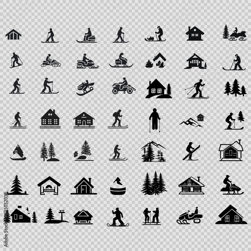 Multiple icons depict people engaged in winter sports like skiing, snowboarding, snowmobiling, and enjoying cozy cabins in snowy mountain settings.