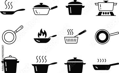 Collection of hand drawn cooking pots and pans with steam