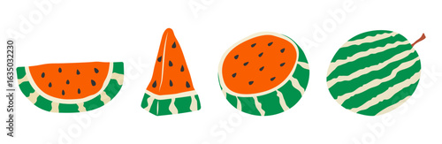 A set of watermelons. Hand-drawn slices of juicy watermelon with red flesh and green skin. Flat vector illustration. Isolated.