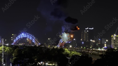Dragon Bridge in Da Nang breathing fire close-up