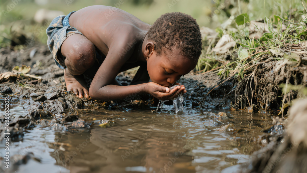 Fototapeta premium African Child Drinking from Dirty Pond