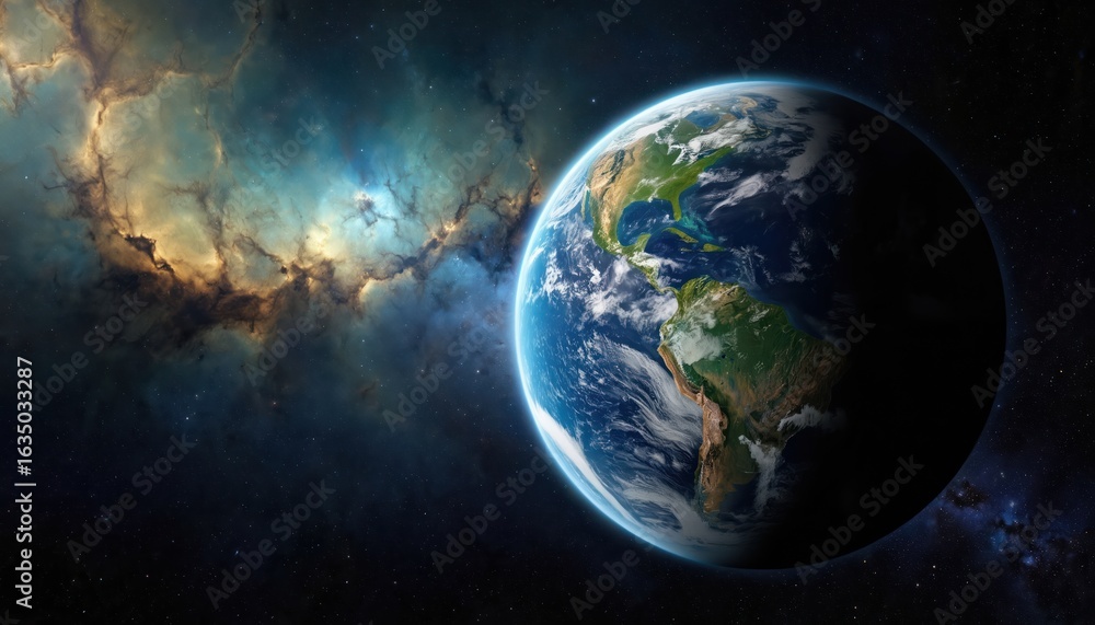 Fototapeta premium Vivid view of planet Earth glowing in expansive space, with colorful nebulae, stars. Shows continents, oceans, clouds. Global view of our world in vast cosmos, promoting exploration, astronomy themes.