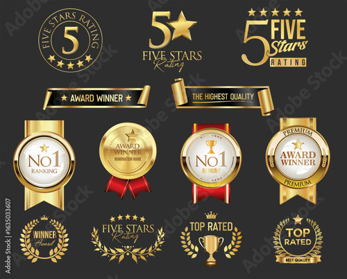 Gold and black luxury labels and badges gold premium quality certificate ribbons vector illustration