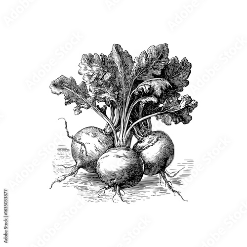 Engraving style illustration of beet with leaves in black and white on transparent background – Botanical vector for seed packaging, organic food labels, and gardening catalogs