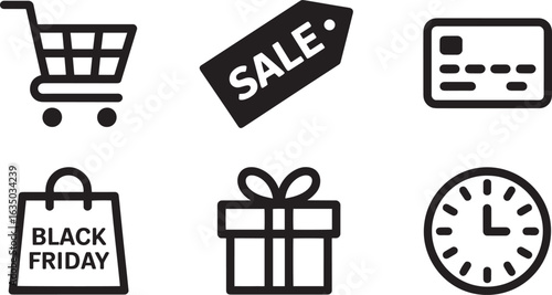 Black Friday Shopping Spree Icons Set Featuring Cart, Sale Tag, Credit Card, Bag, Gift, and Clock Symbols