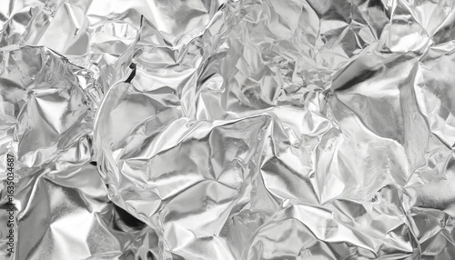 Close-up textured abstract of crumpled silver tinfoil. Reflective metallic surface features smooth monochrome gradients, light reflecting off intricate creases. Modern, sleek design for backgrounds