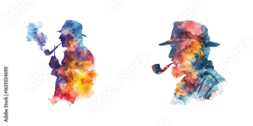 abstract color silhouette of old man with smoking pipe watercolor vector illustration