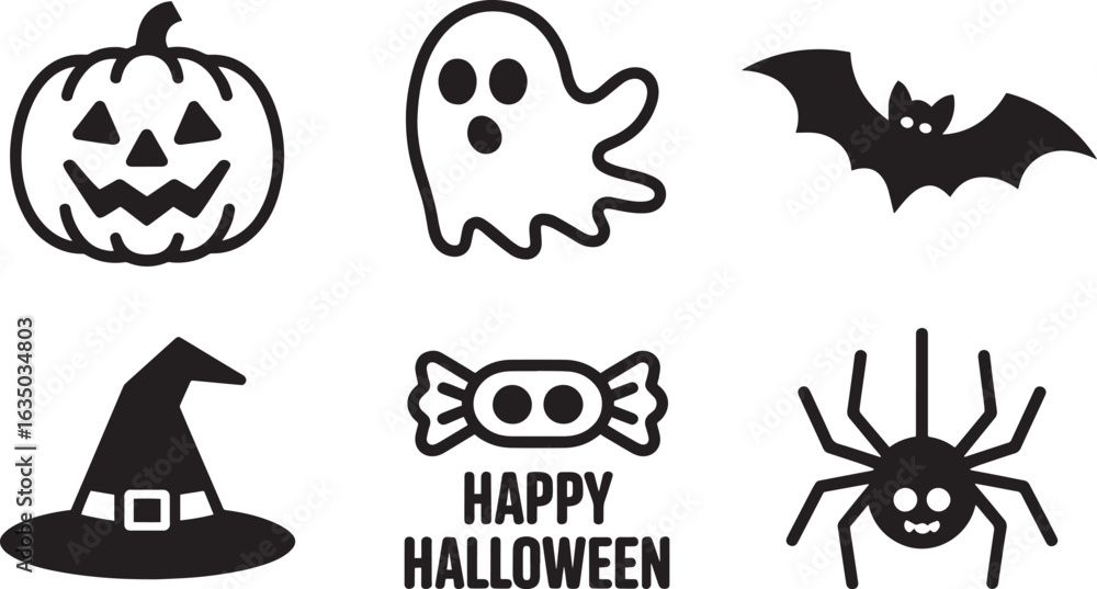 Fototapeta premium Halloween Icons Vector Set with Pumpkin, Ghost, Bat, Witch Hat, Candy, and Spider Elements