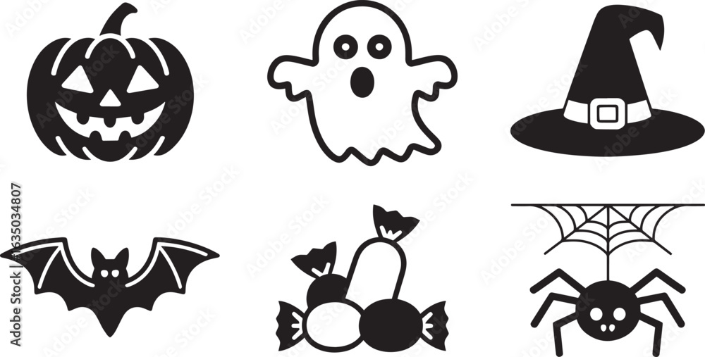 Fototapeta premium Halloween Icons Vector Set with Pumpkin, Ghost, Witch Hat, Bat, Candy, and Spider Web Elements