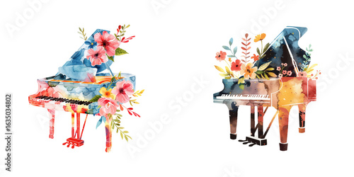 abstract color silhouette of piano with flowers watercolor vector illustration