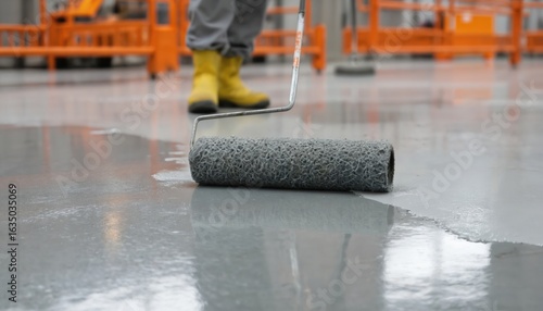 Pro waterproofing gray floor repair with paint rollers. Gray textured paint applied using rollers for smooth, durable finish. Construction work involves home improvement, renovation, maintenance of