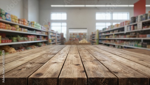 Wallpaper Mural Rustic wooden table in grocery store aisle. Shelves filled with products surround table. Natural light filters through windows creating inviting ambience. Ideal for food, organic products, retail Torontodigital.ca