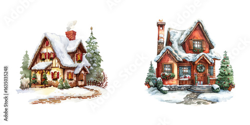 christmas decorated house watercolor vector illustration