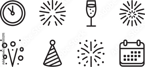 New Year's Eve Countdown Icons Set Clock, Fireworks, Champagne, Hat, Calendar Line Art Style Symbols