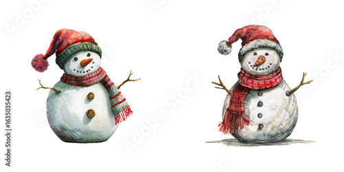 christmas decorated snowman watercolor vector illustration