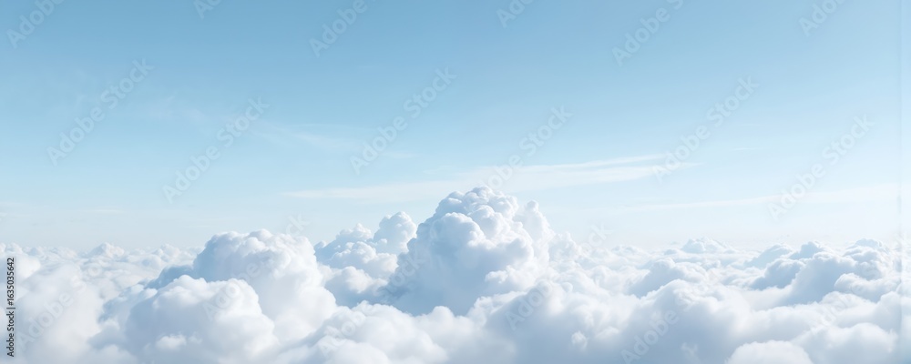 Fototapeta premium Pastel blue sky with isolated beautiful white clouds creates serene, vast expanse. Bright, puffy cloudscape offers ample copy space for advertising, design needs. Soft sunlight illuminates pristine