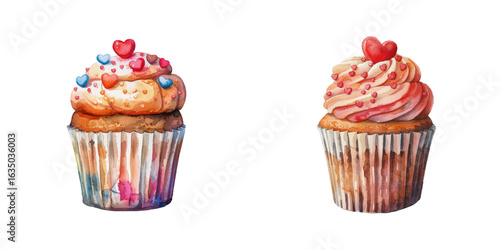 cupcake with heart sprinkles watercolor vector illustration