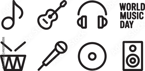 World Day Line Icons Set Note, Guitar, Headphones, Drum, Microphone, CD, Speaker for Sound