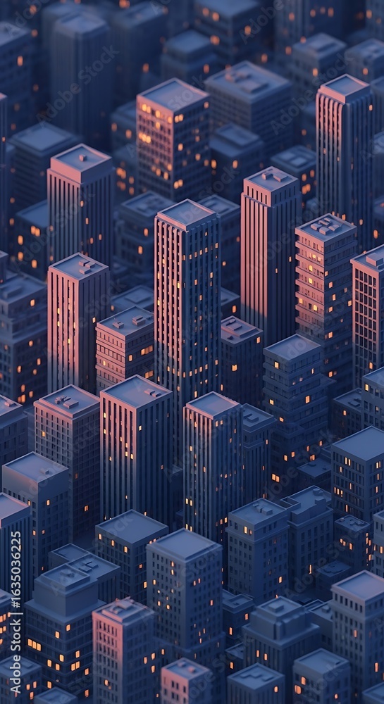 Obraz premium Aerial view of a futuristic cityscape at dusk with illuminated buildings