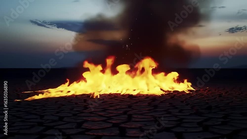 Sunset fire burning on cracked desert ground