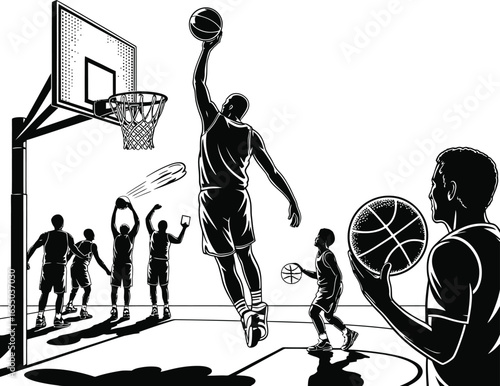 Basketball action illustration of player dunking with team and coach monochrome artwork for sports enthusiasts and designers
