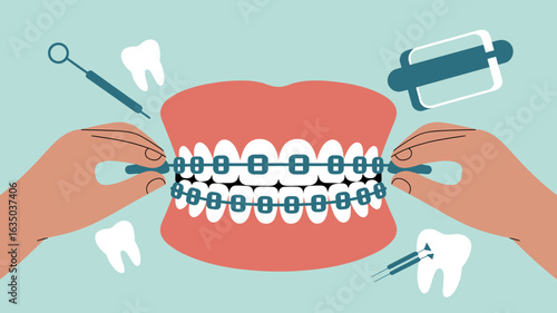 orthodontist's hands adjusting dental braces on teeth vector illustration