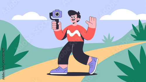 vlogger walking outdoors with camera on gimbal vector illustration, vlog creation and lifestyle content creation